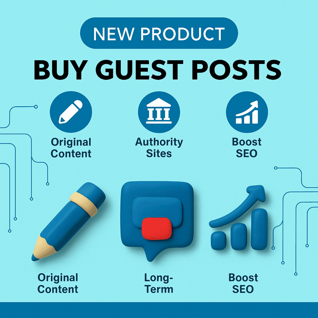 Promotional graphic for SEO Store’s “Buy Guest Posts” service featuring a digital blog post layout with icons symbolizing outreach, writing, and link building.